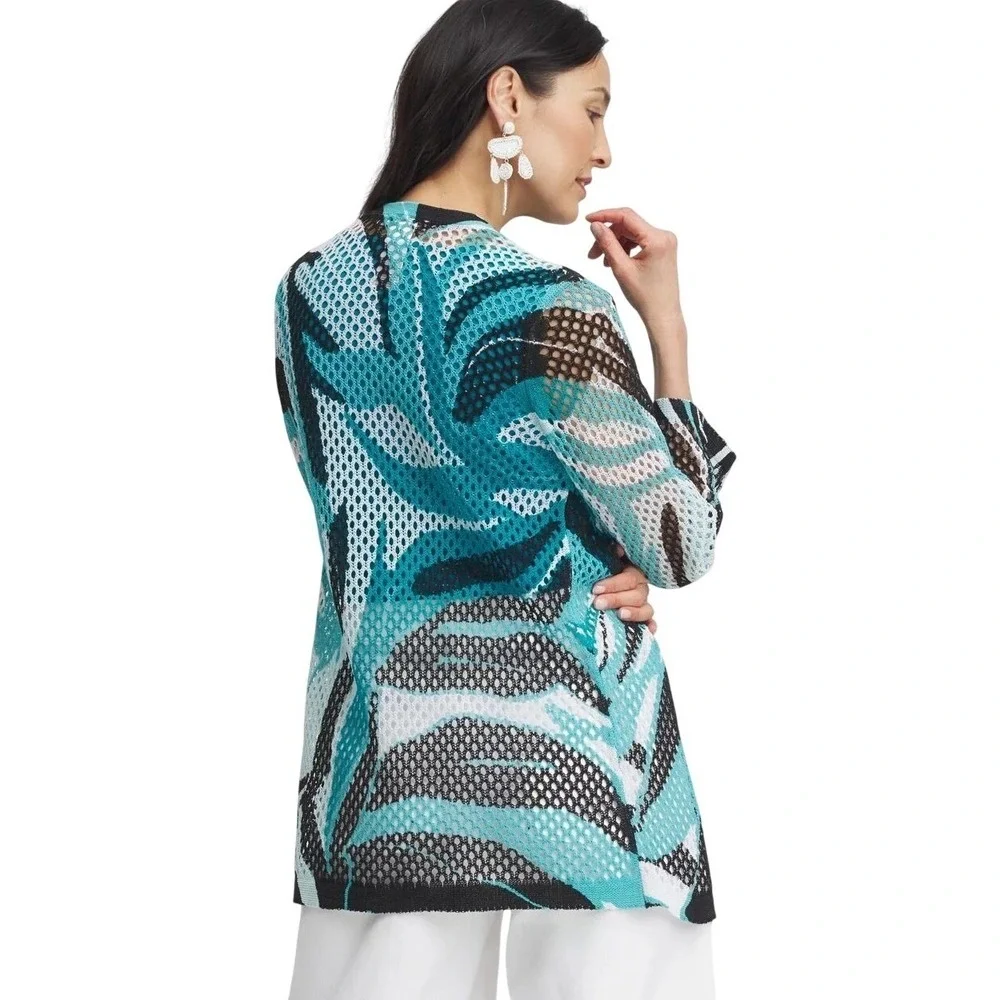 Chicos Palms‎ Mesh Cardigan Sweater Women's Large Teal Tropical Resortwear Boho - Picture 2 of 14